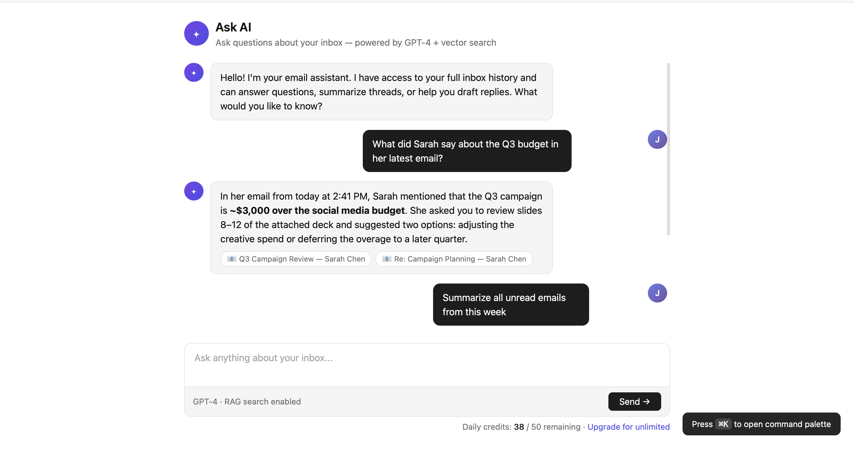 Ask AI — RAG inbox chat