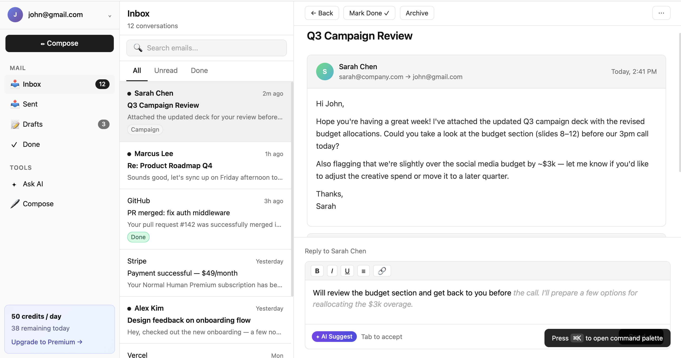 Inbox three-panel layout